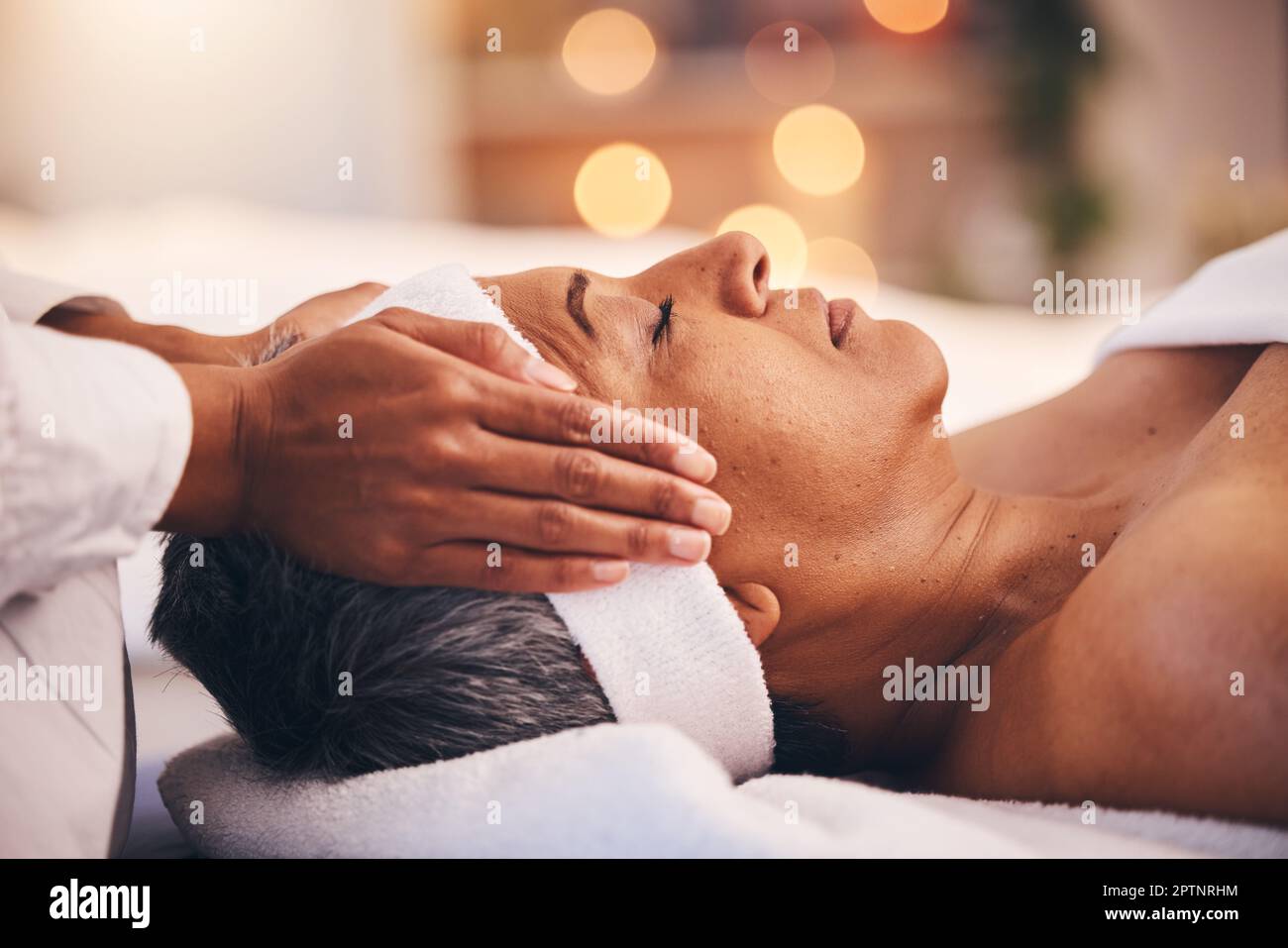 Wellness, health and massage, senior woman at a spa getting luxury beauty therapy and facial pic