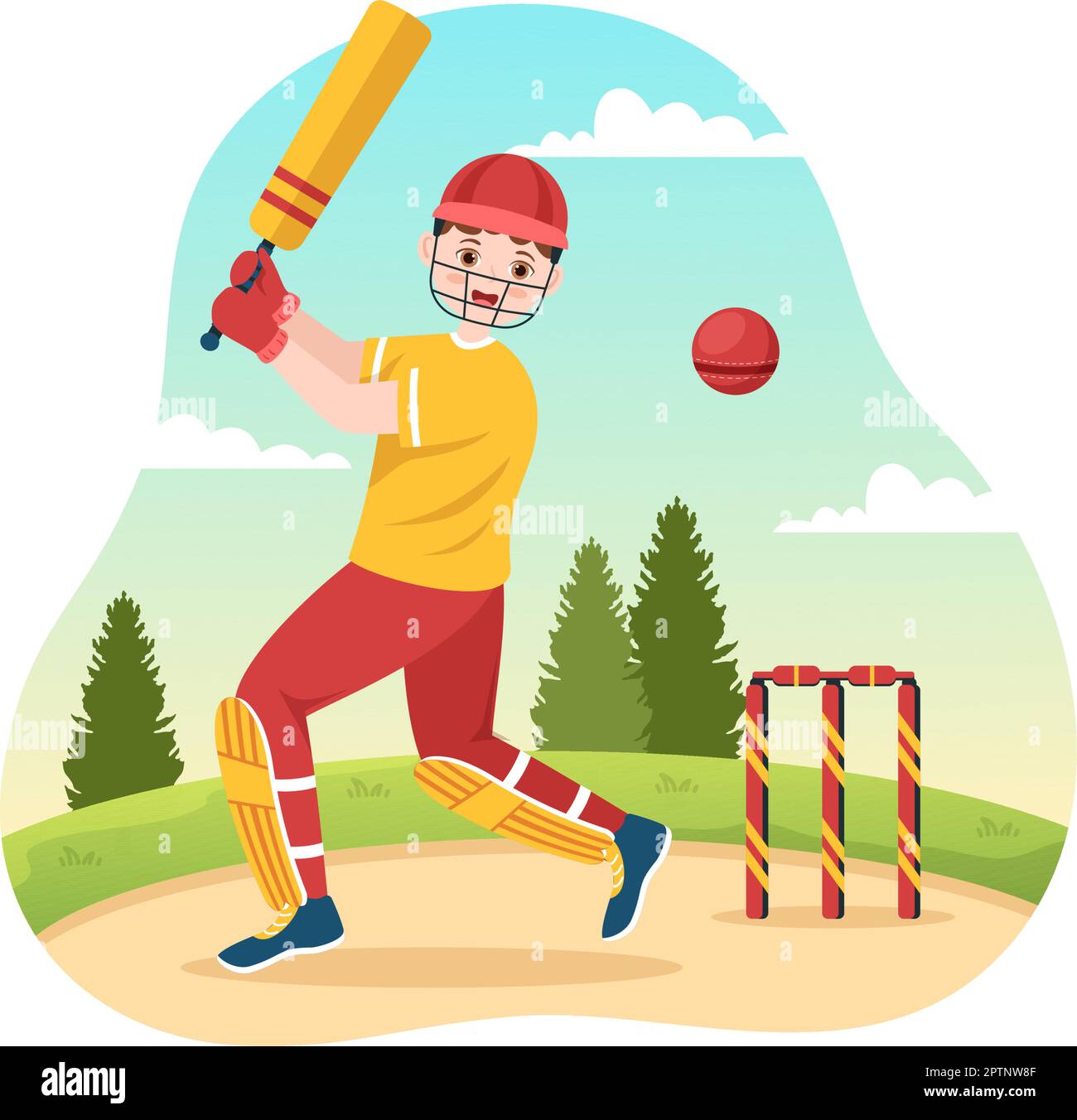 Batsman Playing Cricket Sport Illustration with Bat and Balls in the Field for Championship in