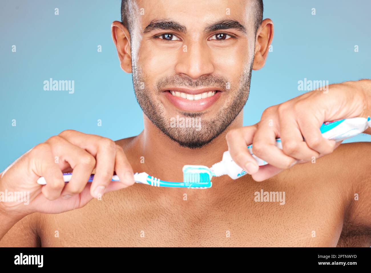 Portrait, man and brushing teeth with toothpaste, toothbrush and dental