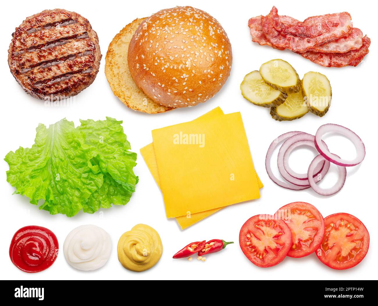 Set of popular cheeseburger ingredients isolated on white background
