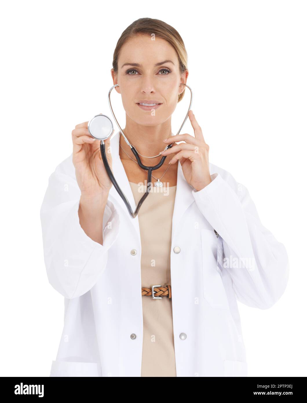 Checking those vital signs. A beautiful female doctor holding up a