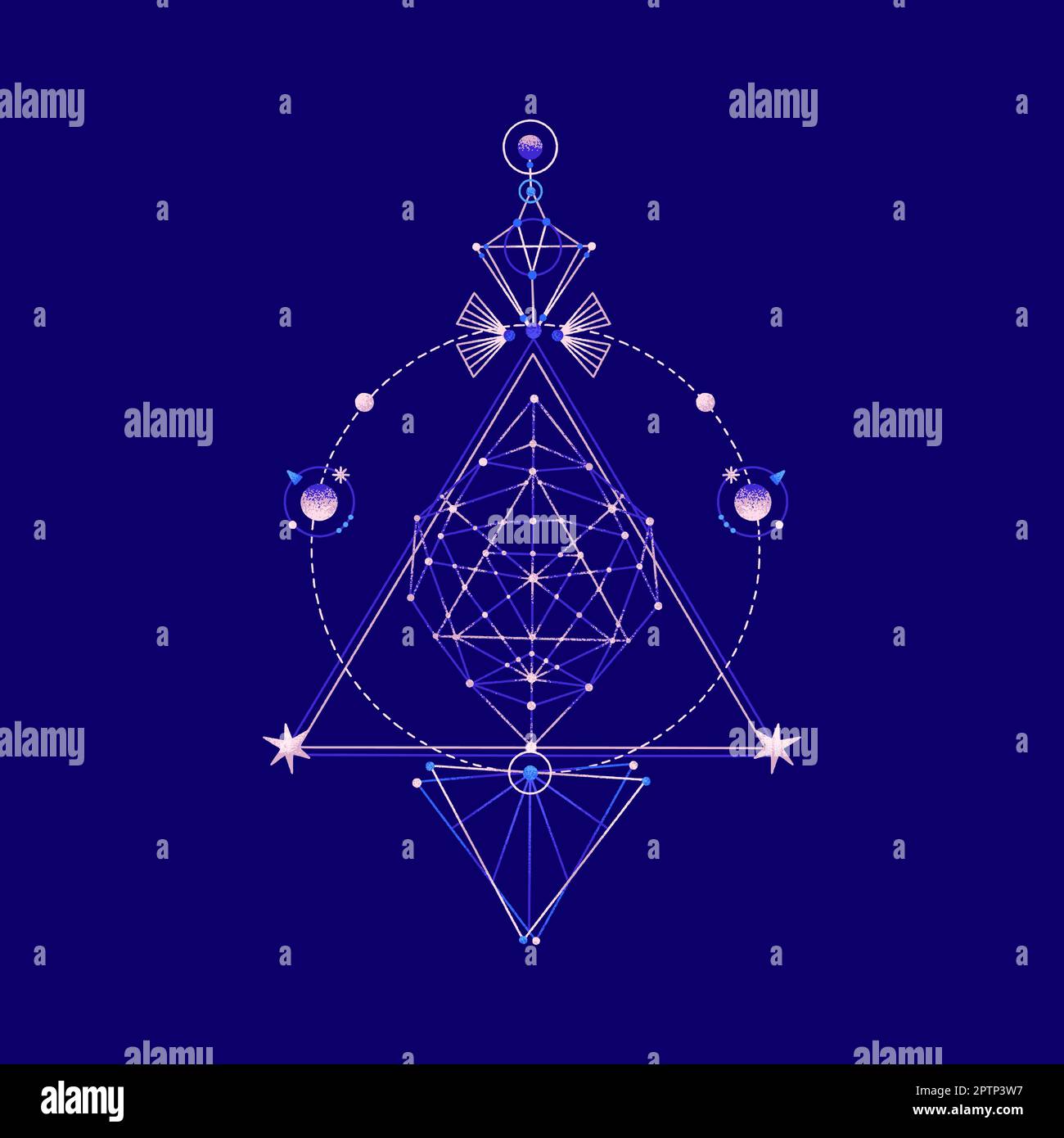 Mysterious space composition of triangles, stars. Vector