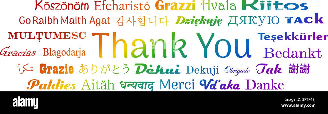 Thank you in Worldwide languages. Vector lettering. Six Rainbow colors. White back. Stock Vector