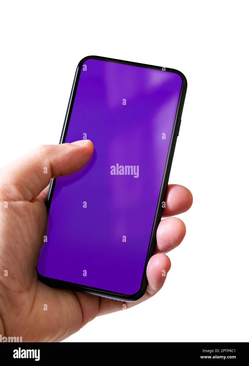 Hand holding a smartphone with blank purple screen. Isolated on white