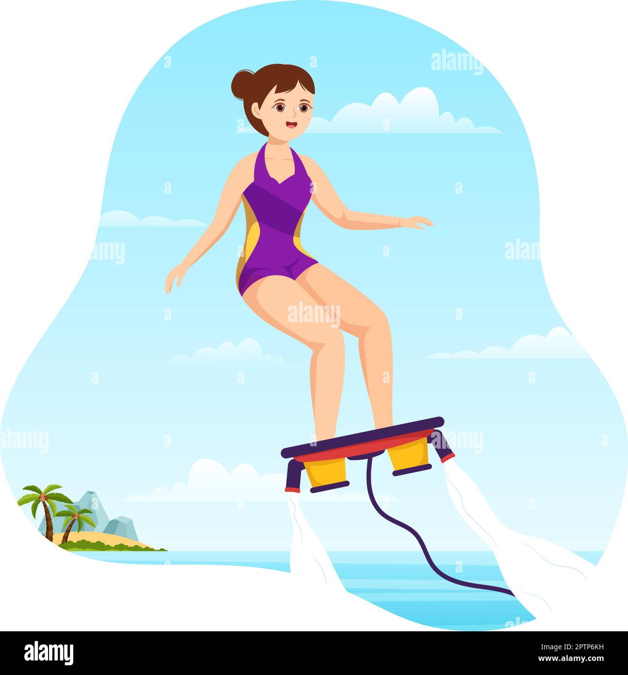 Flyboard Illustration with People Riding Jet Pack in Summer Beach Vacations in Flat Extreme Water Sport Activity Cartoon Hand Drawn Templates Stock Vector