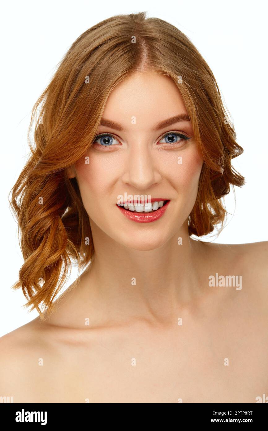 Face of beautiful young woman with blue eyes and red lips. Beauty ...