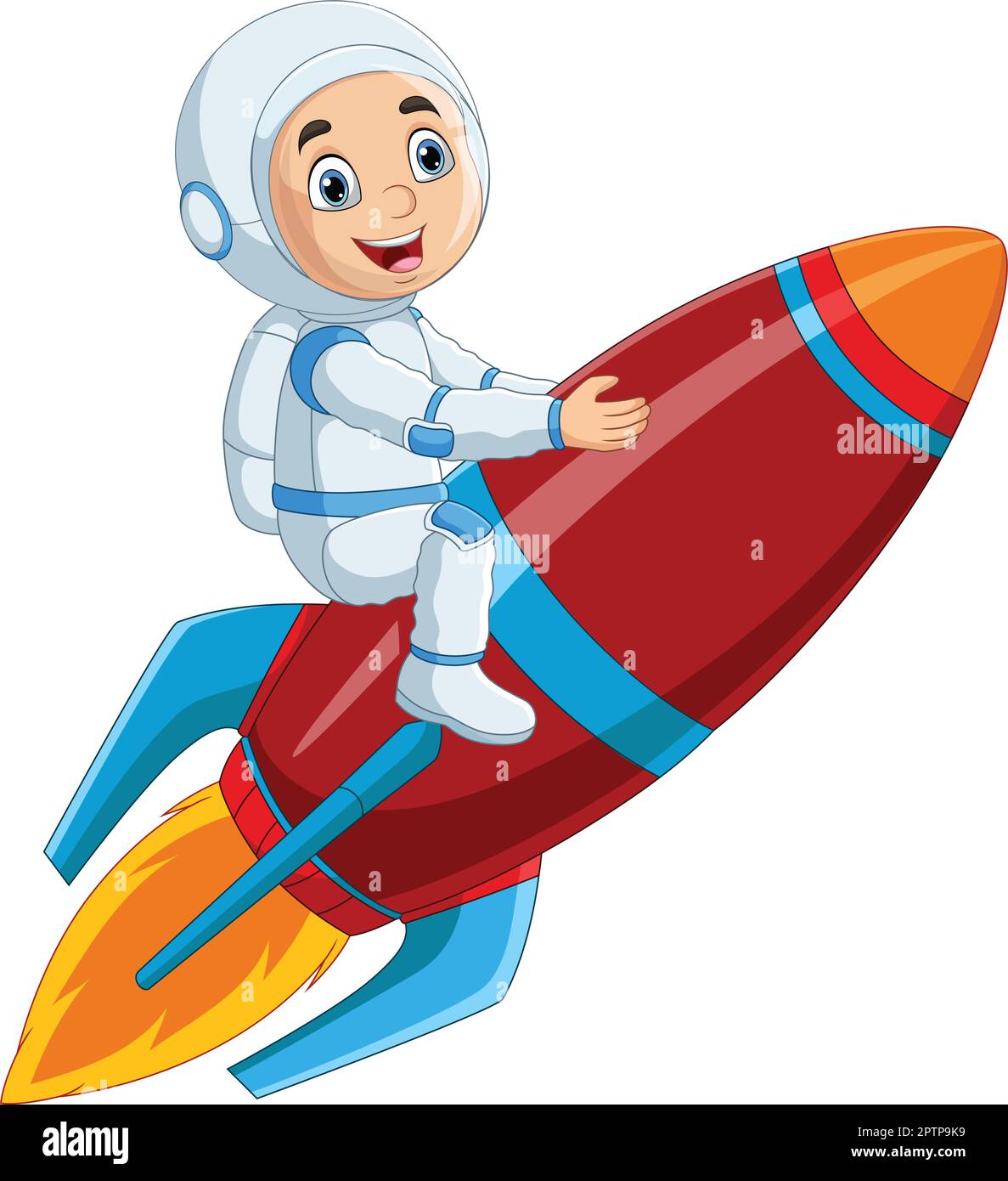 Cartoon boy astronaut riding a rocket Stock Vector