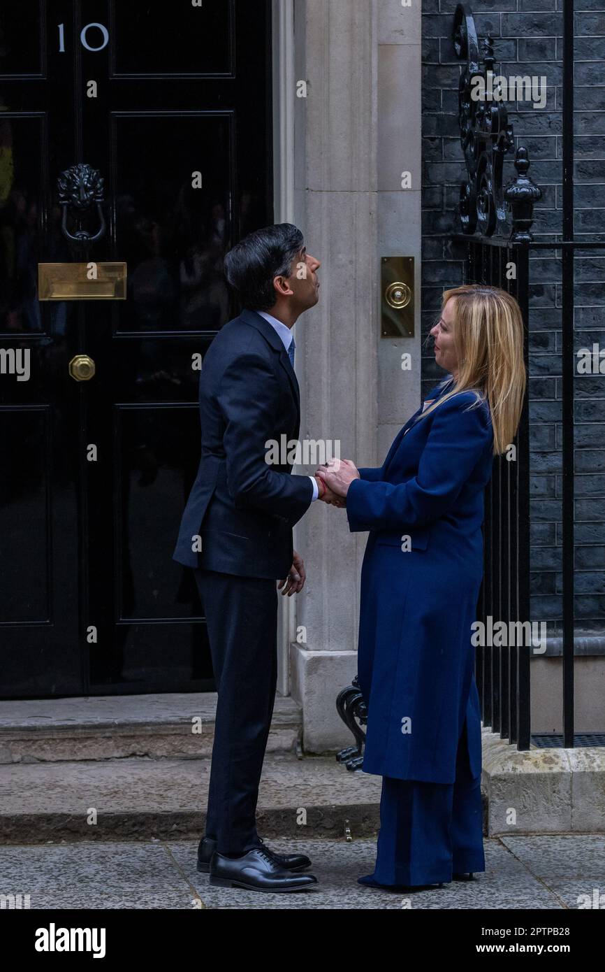London, UK. 27th April, 2023. Rishi Sunak (l), Prime Minister of the United Kingdom, greets