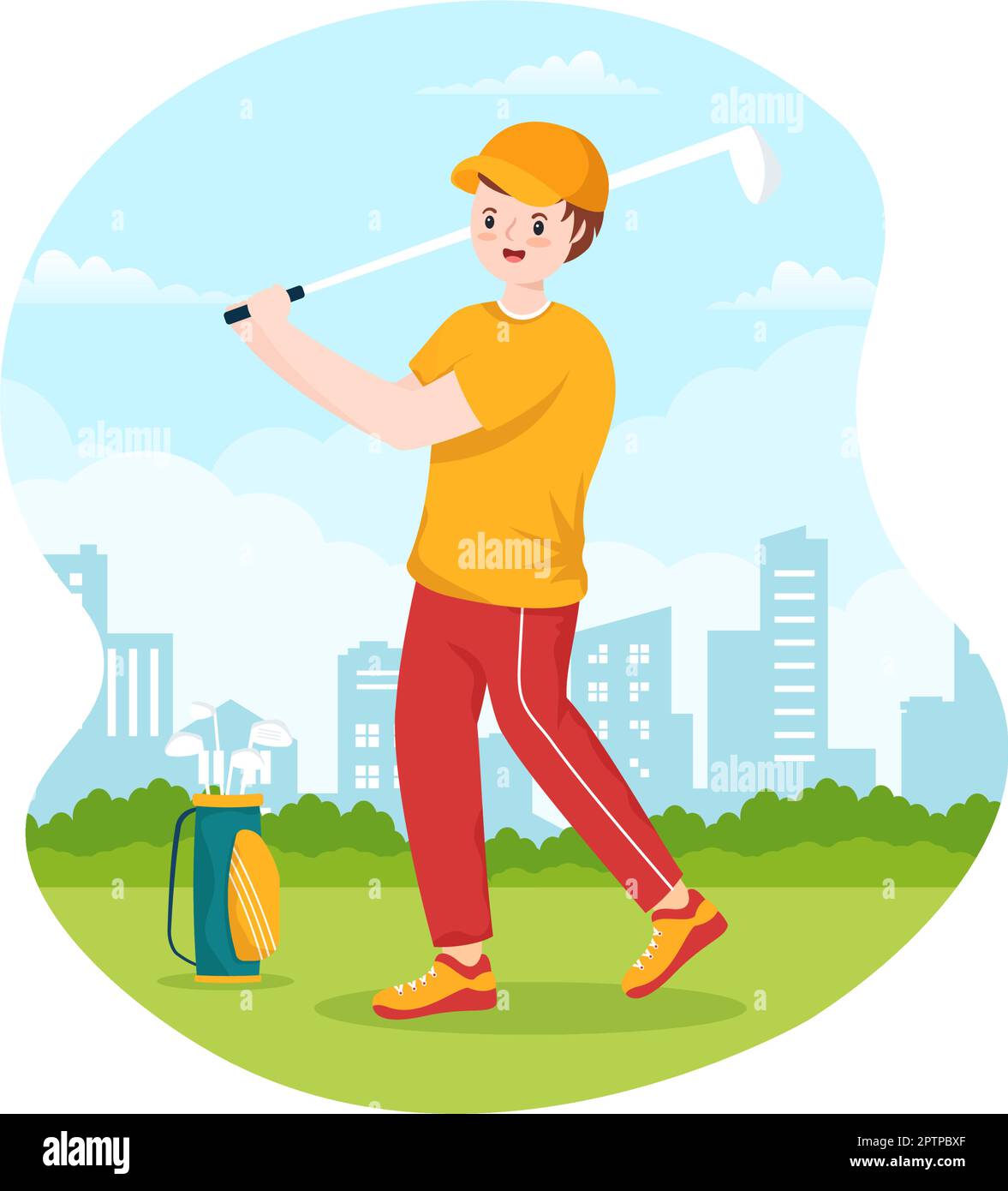 Golf Sport Illustration with Flags, Cart, Sticks, Green Field and Sand