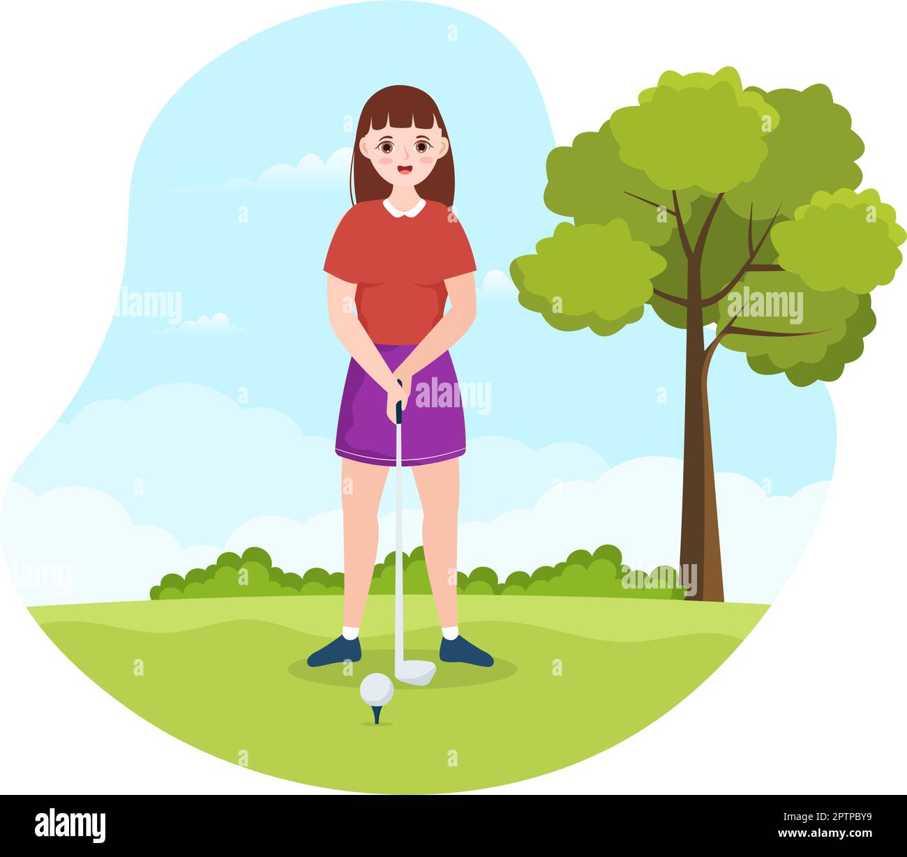 Golf Sport Illustration with Flags, Cart, Sticks, Green Field and Sand