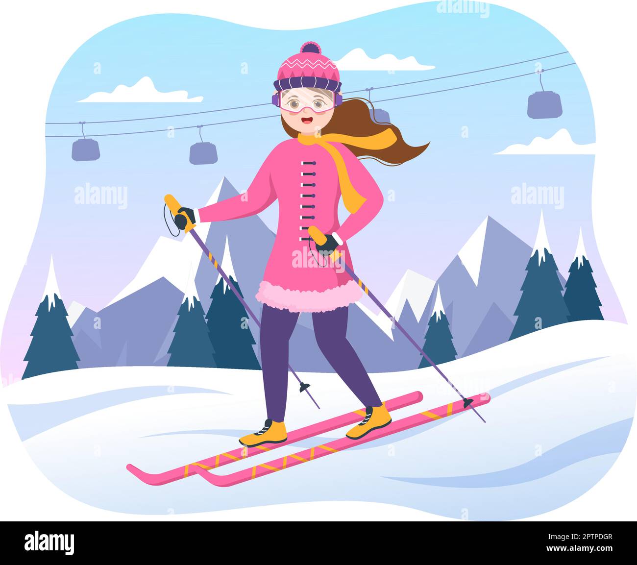 Ski Illustration with Skiers Sliding Near Mountain Going Downhill in