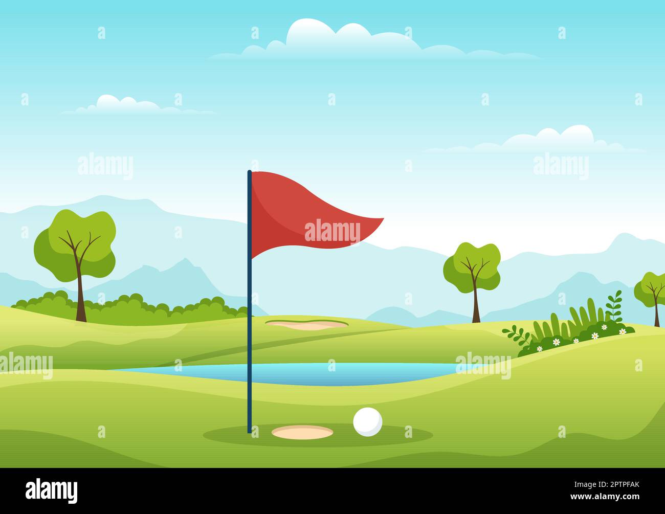 Golf Sport Illustration with Flags, Cart, Sticks, Green Field and Sand