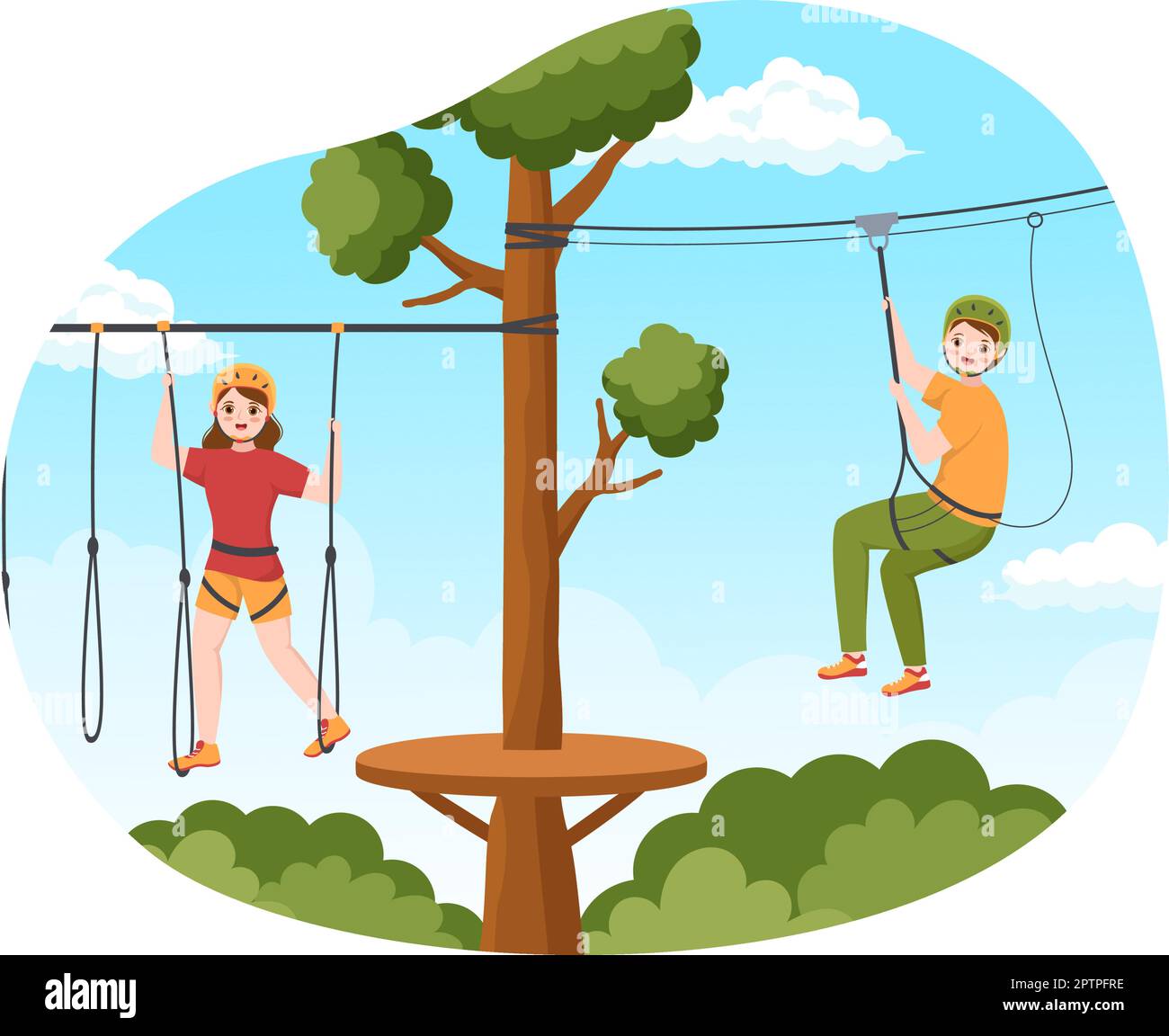 Zip Line Illustration with Visitors Walking on an Obstacle Course and