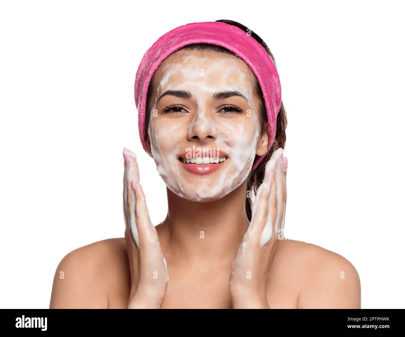 Beautiful Woman Applying Facial Cleansing Foam On White Background