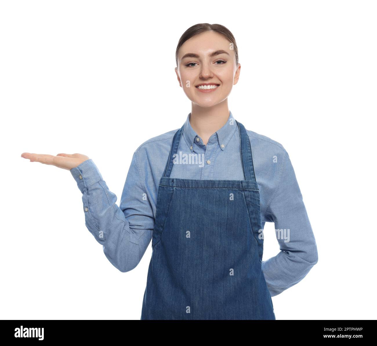 Beautiful young woman in clean denim apron on white background Stock ...