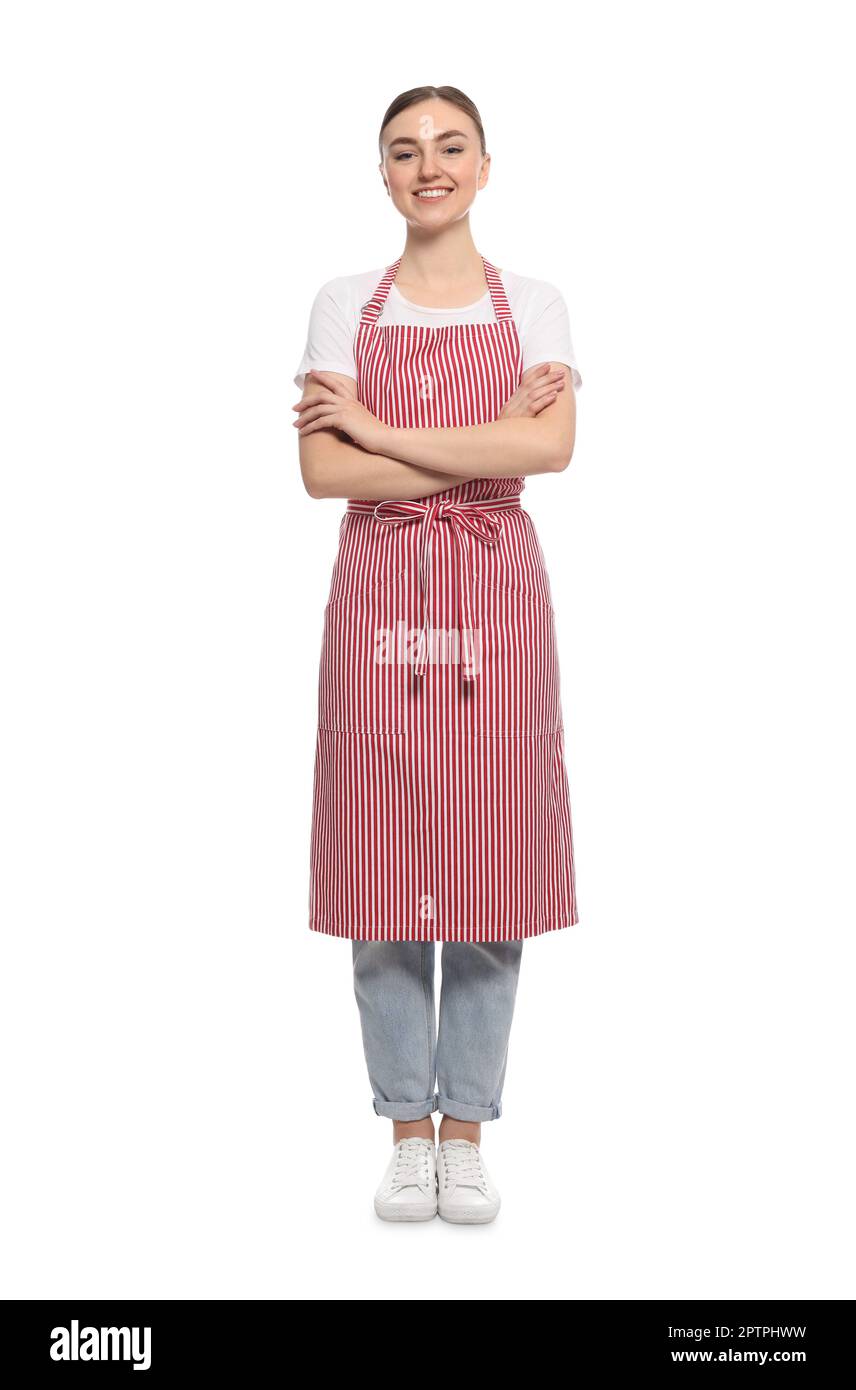 Beautiful young woman in clean striped apron on white background Stock ...