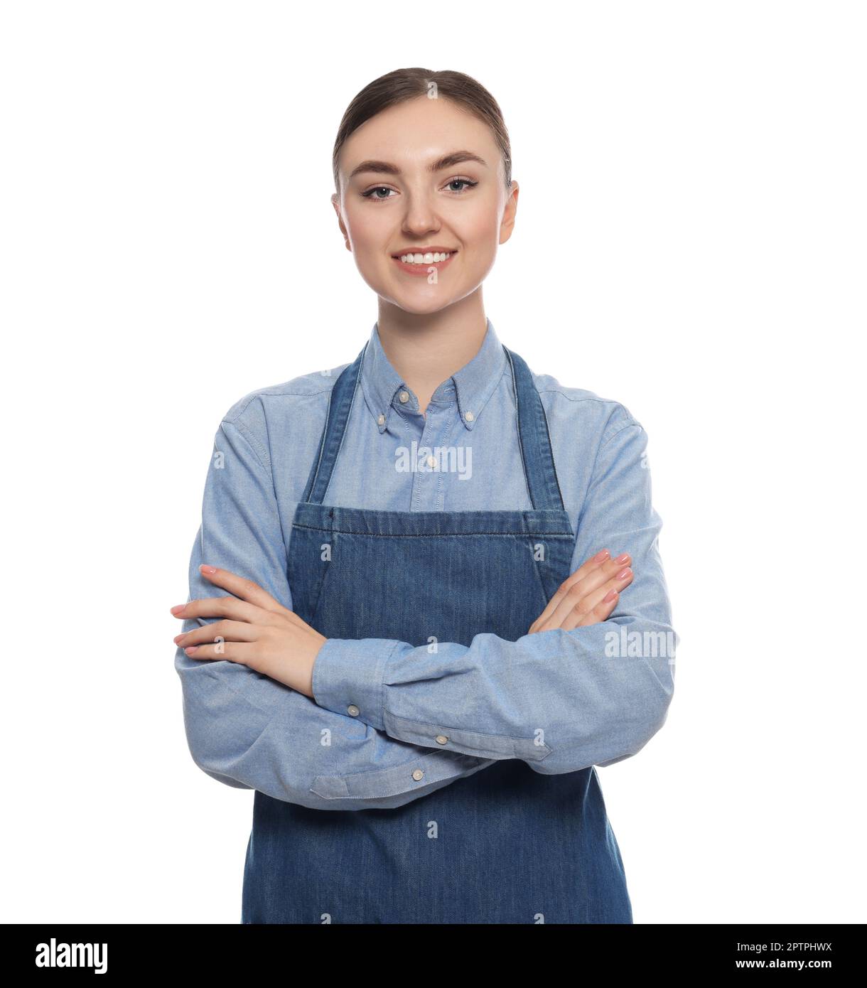 Beautiful young woman in clean denim apron on white background Stock ...