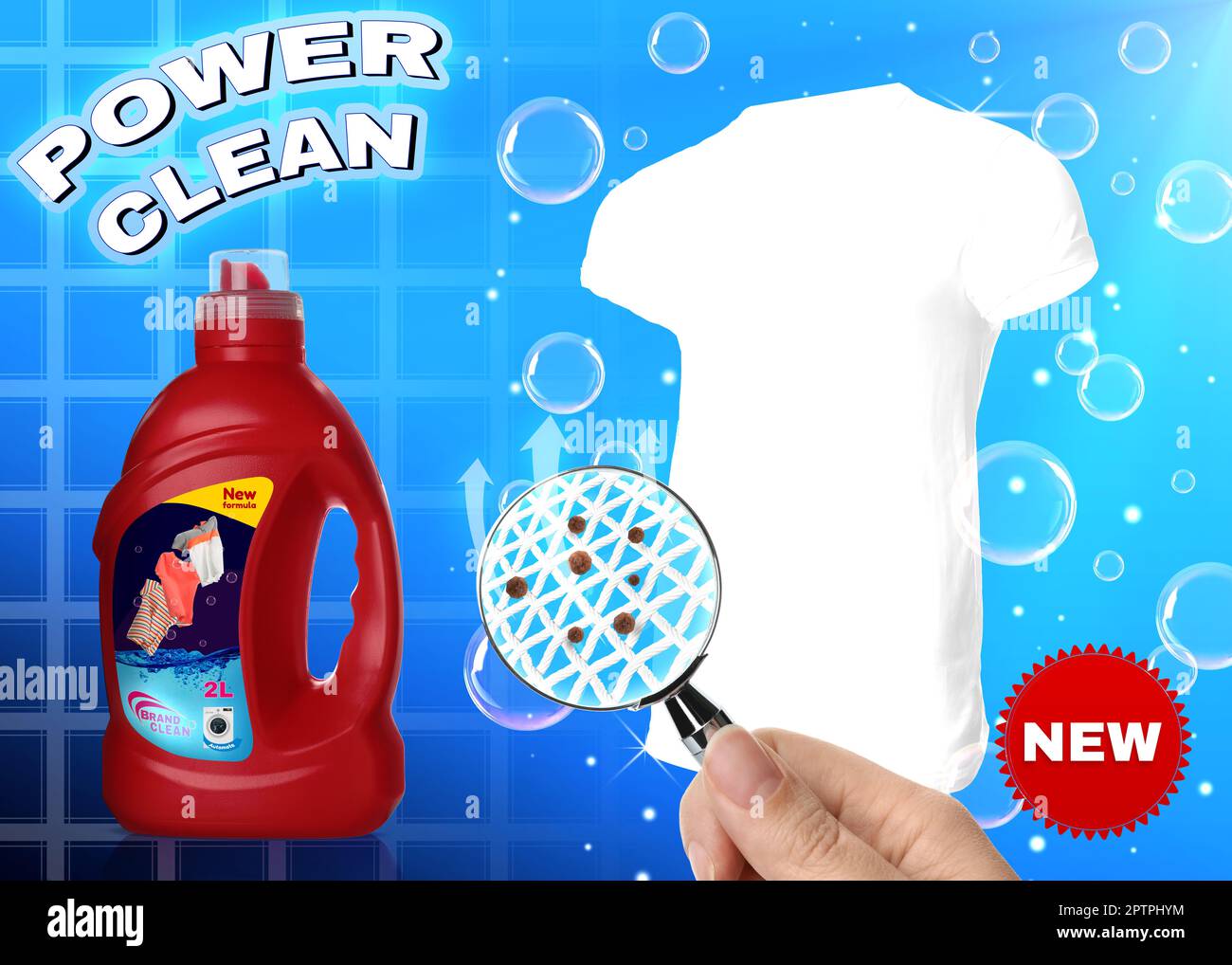 Liquid laundry detergent advertisement design. Woman looking through