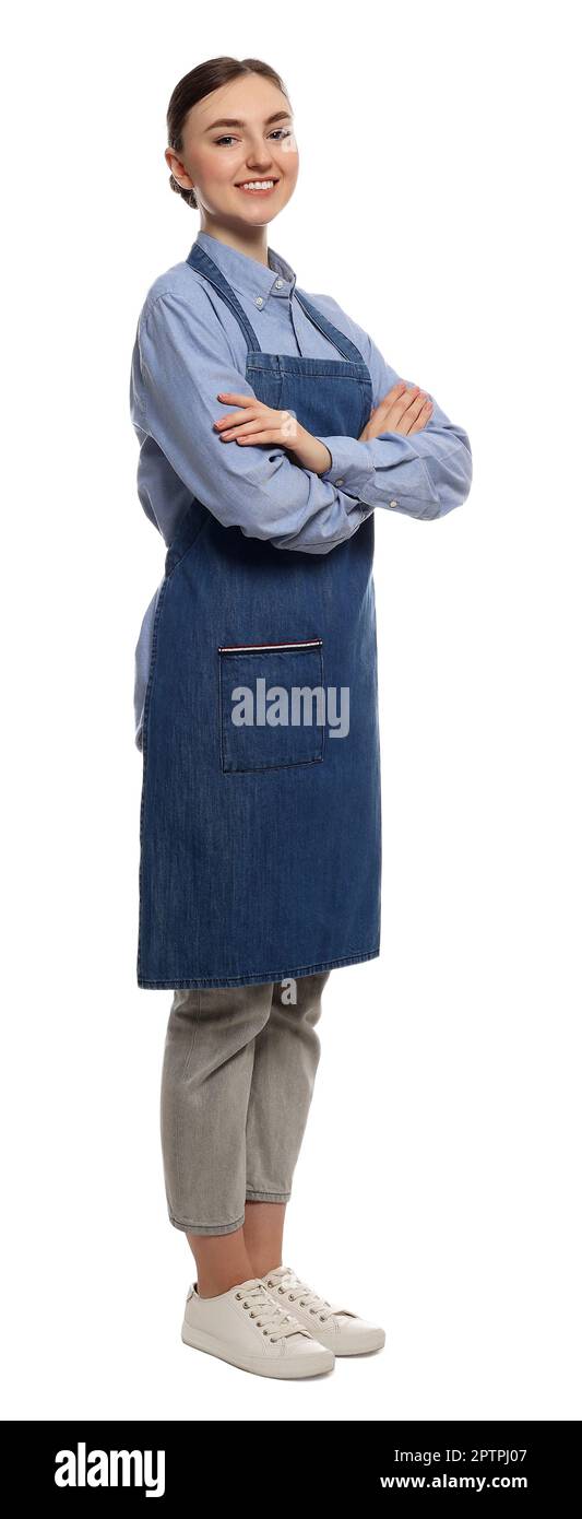 Beautiful young woman in clean denim apron on white background Stock ...