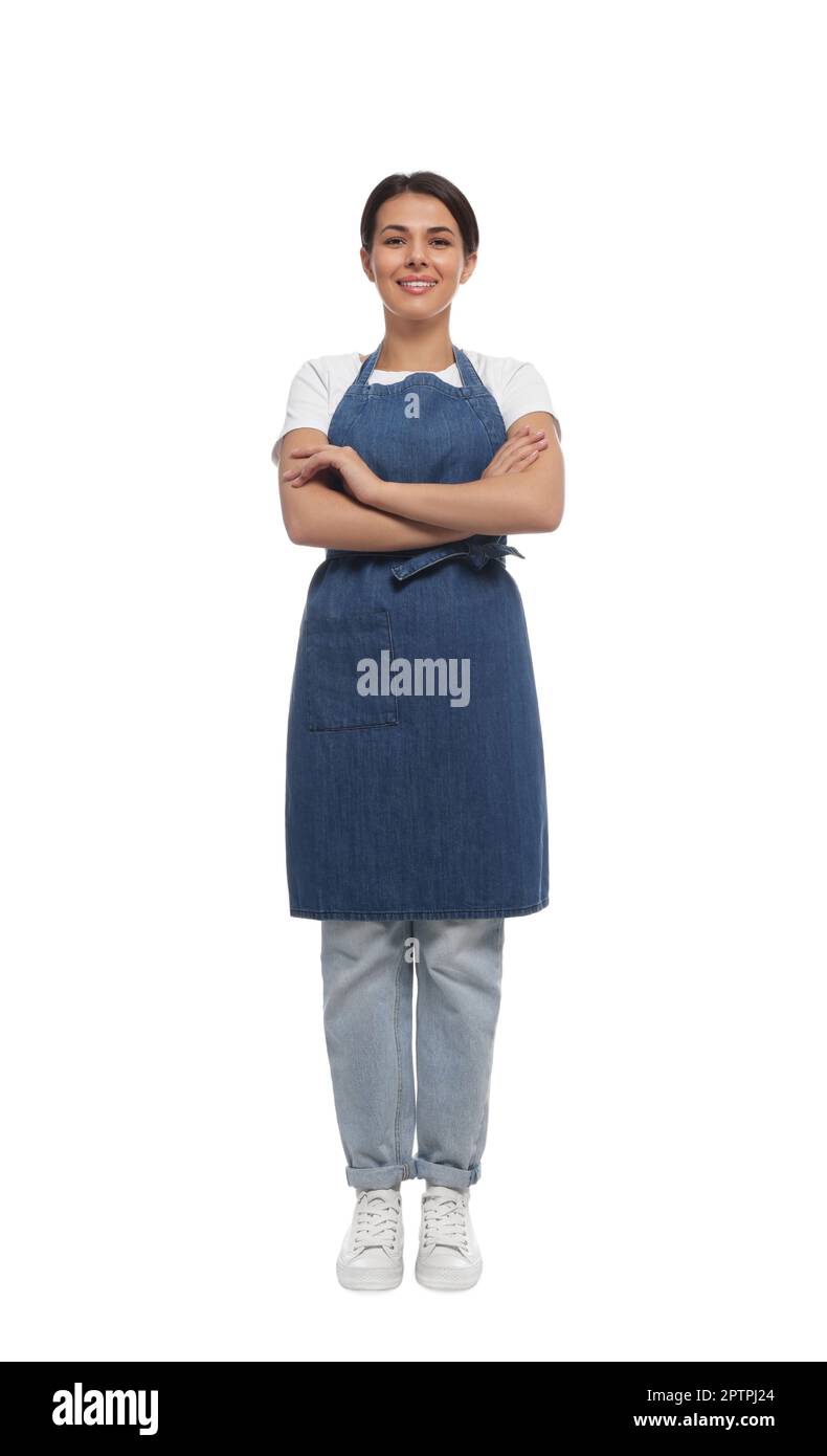 Young woman in blue apron on white background Stock Photo - Alamy