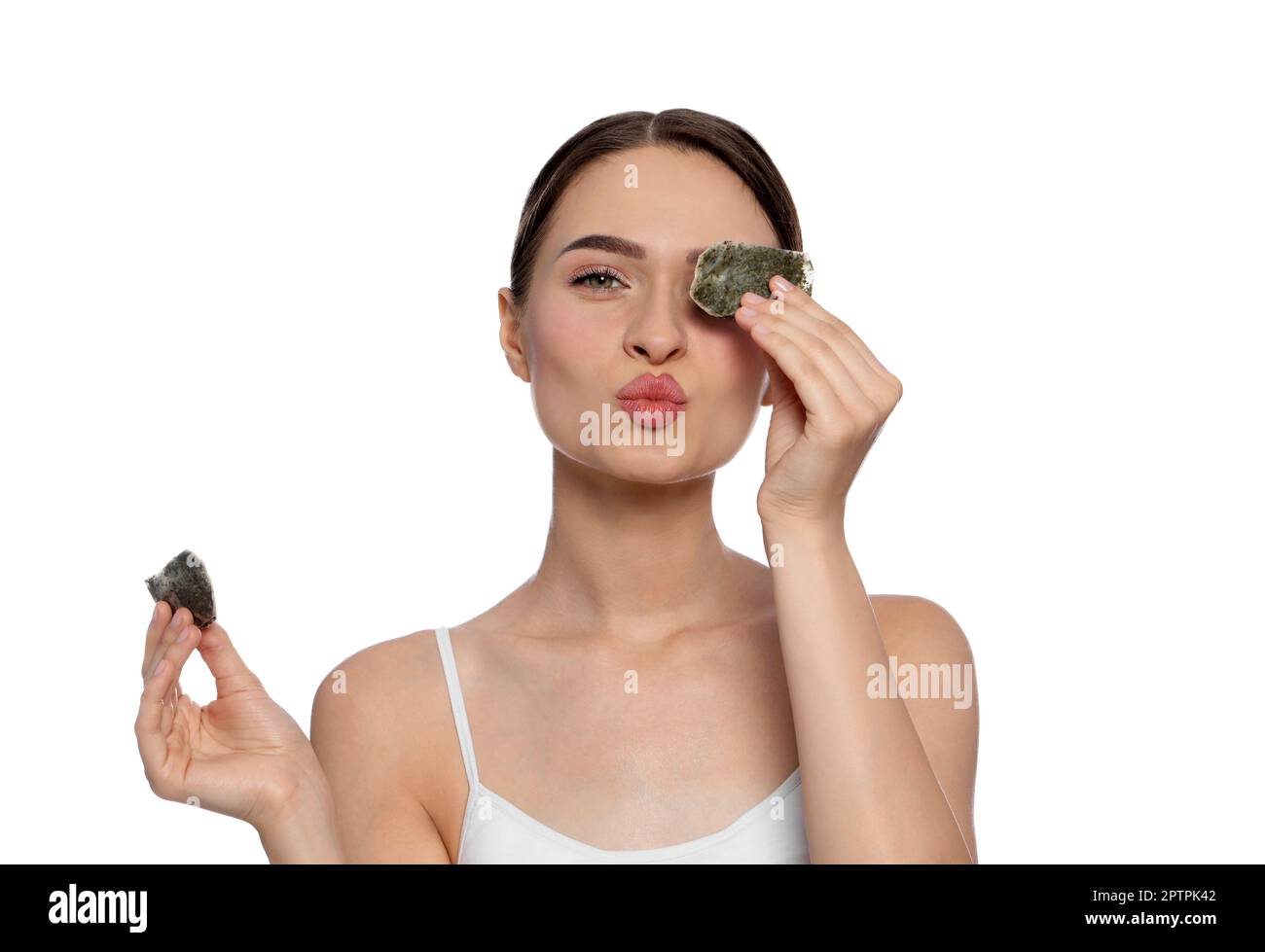 Beautiful girl with tea bags on eyes Top view Stock Photo  Adobe Stock