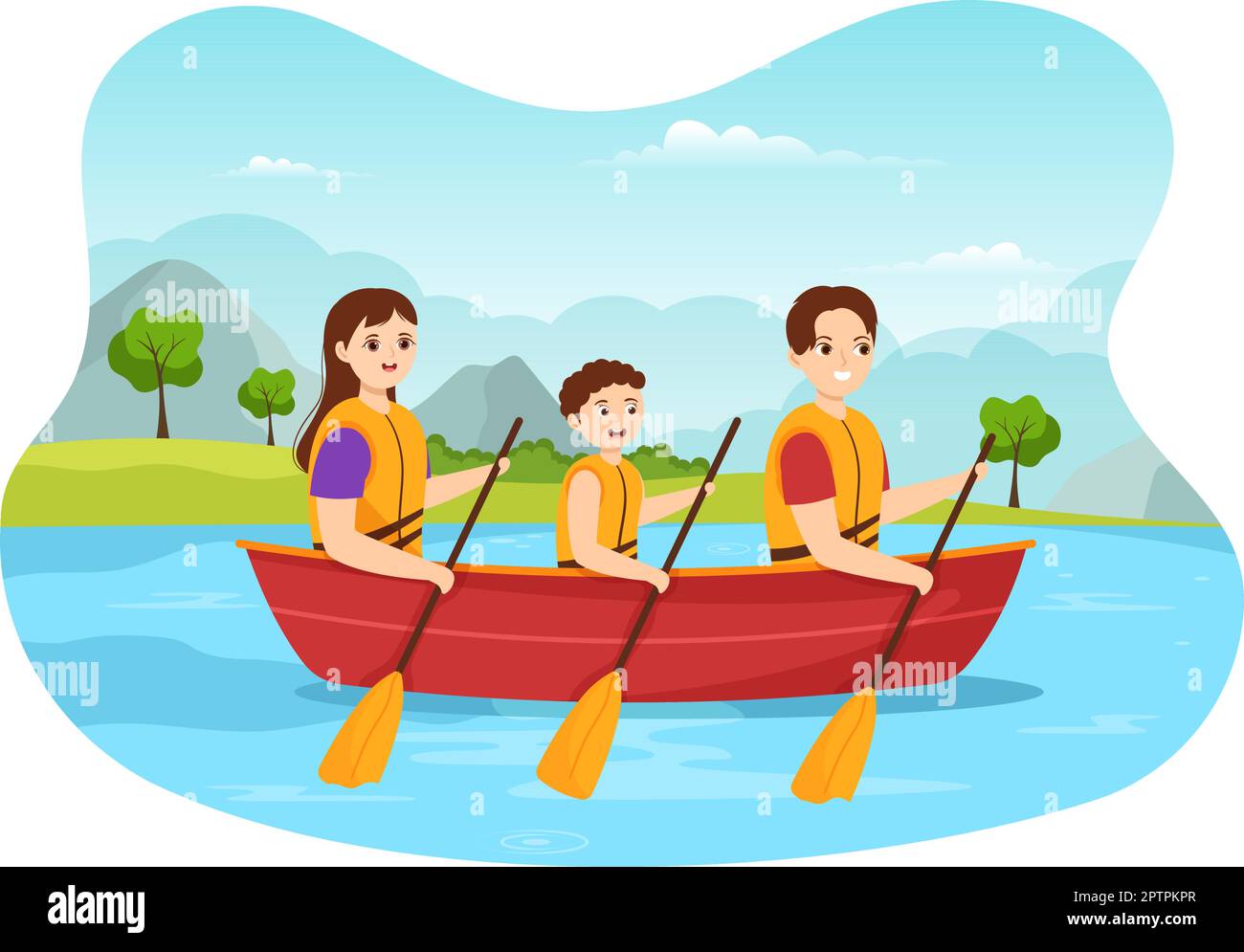 People Enjoying Rowing Illustration with Canoe and Sailing on River or Lake  in Active Water Sports Flat Cartoon Hand Drawn Template Stock Vector