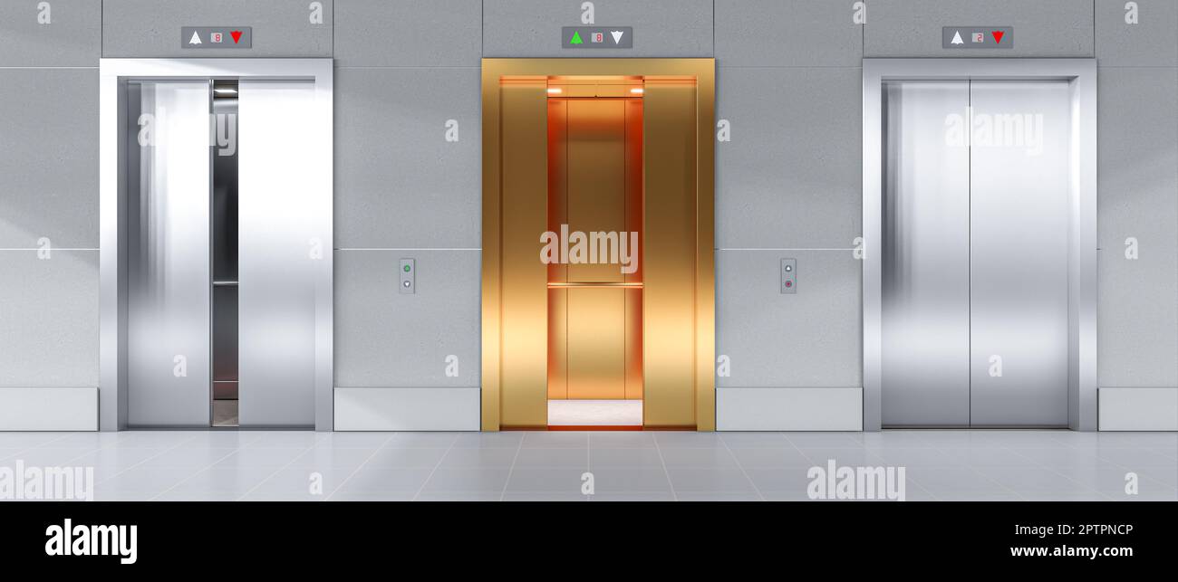 steel and gold elevators, doors open differently. 3d render Stock Photo ...