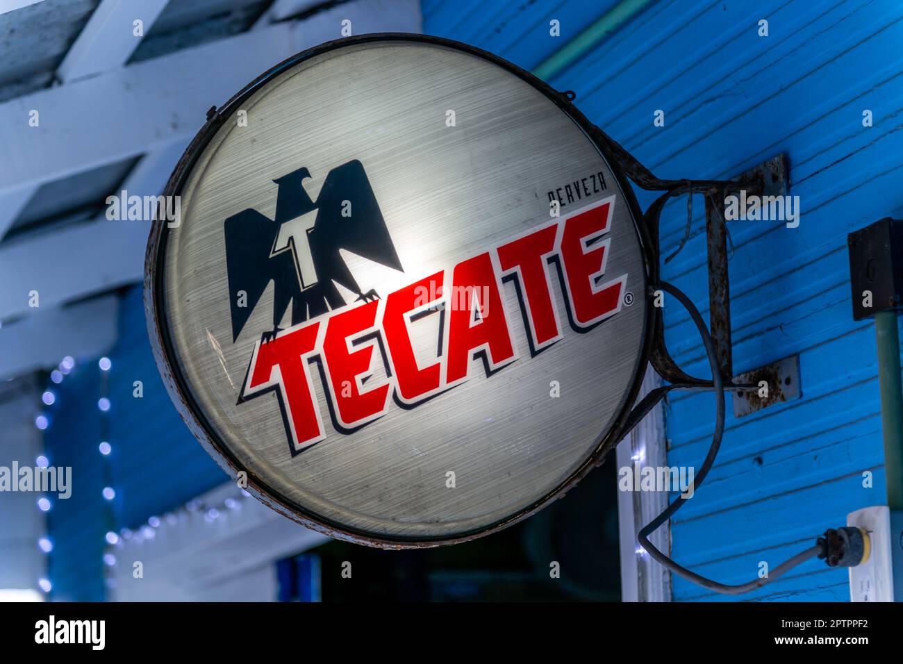 Tecate beer sign La Tablita bar Hemingway, Isla Mujeres, Caribbean Coast, Cancun, Quintana Roo, Mexico Stock Photo