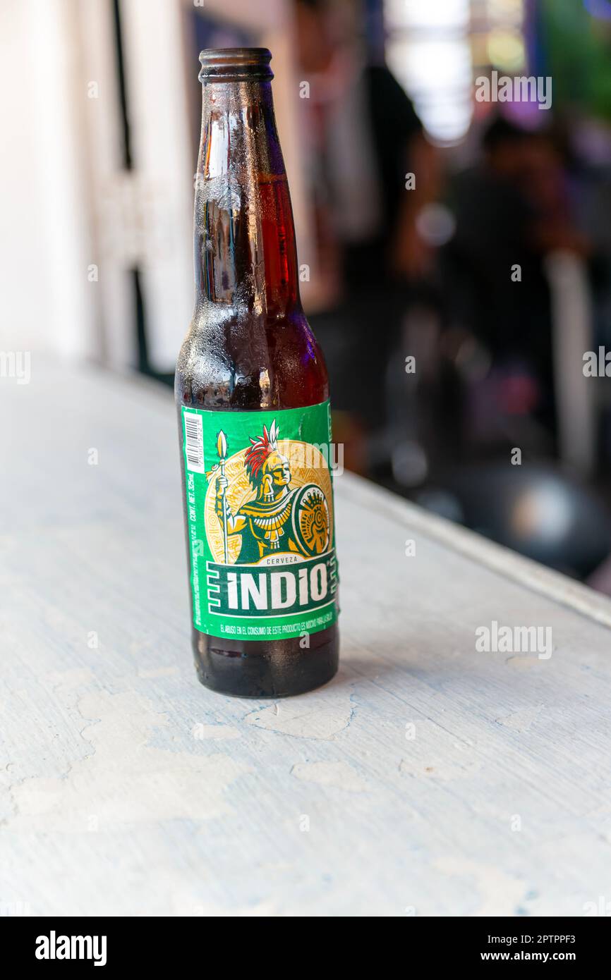 Indio brand bottle of beer, La Tablita bar Hemingway, Isla Mujeres, Caribbean Coast, Cancun, Quintana Roo, Mexico Stock Photo