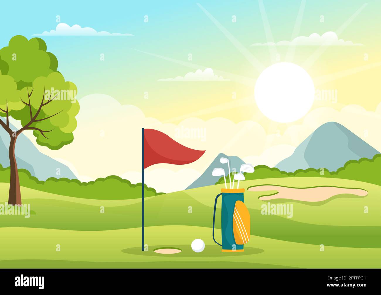 Golf Sport Illustration with Flags, Cart, Sticks, Green Field and Sand