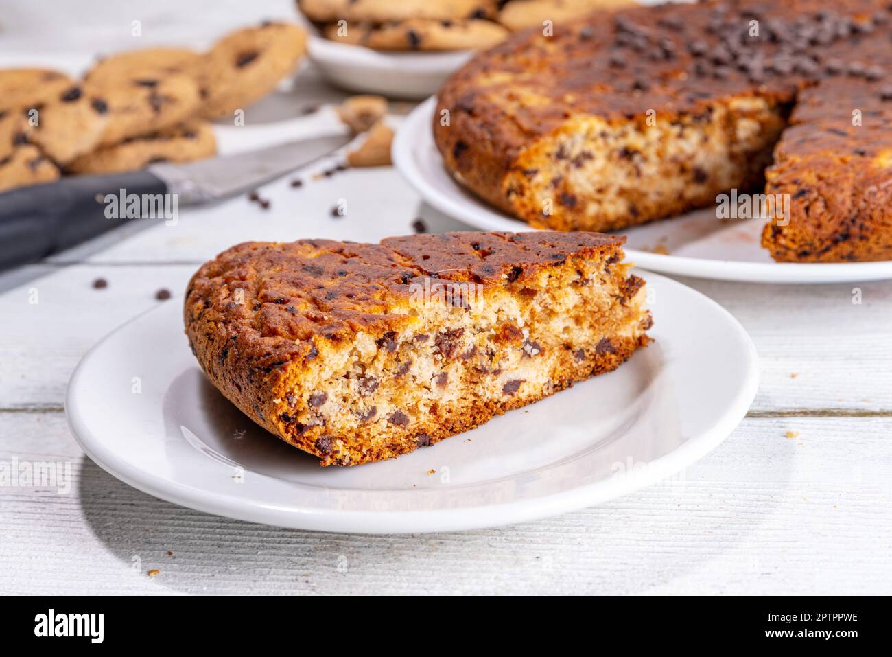 Skillet roasted chocolate chips cookie cake. Giant american cookie with