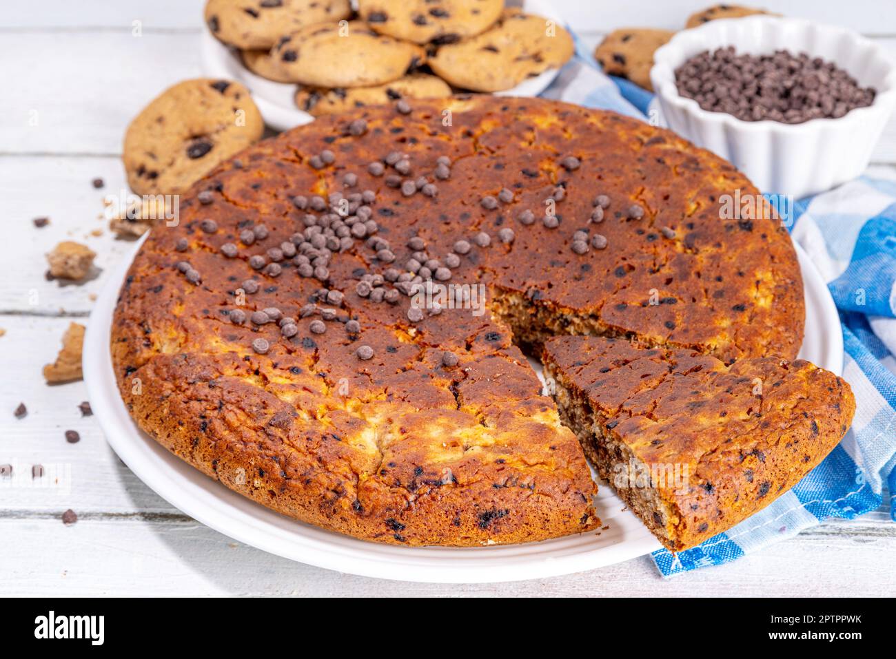 Skillet roasted chocolate chips cookie cake. Giant american cookie with
