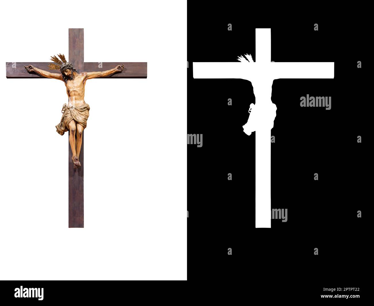 Jesus Christ on the cross isolated on white background with space for text and clipping mask and path Stock Photo