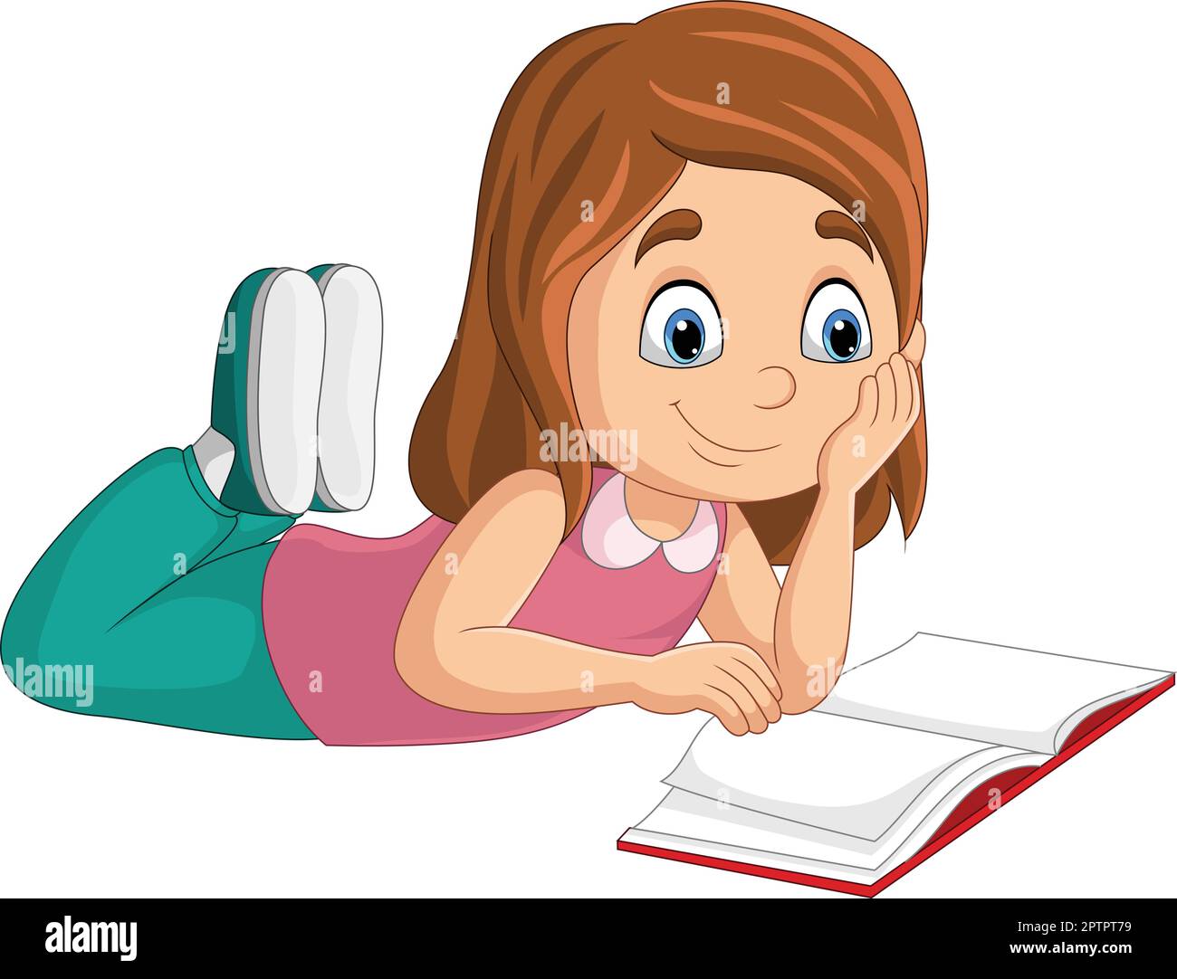 Happy little girl laying and reading a book Stock Vector