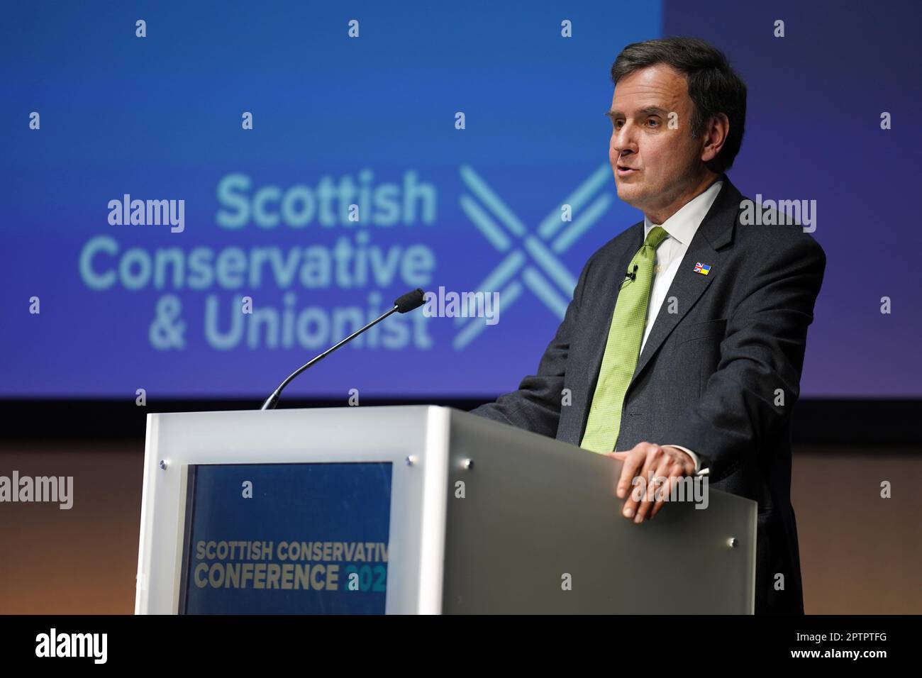 Conservative Party Chairman Greg Hands speaking on the first day of the Scottish Conservative party conference at the Scottish Event Campus (SEC) in Glasgow. Picture date: Friday April 28, 2023. Stock Photo