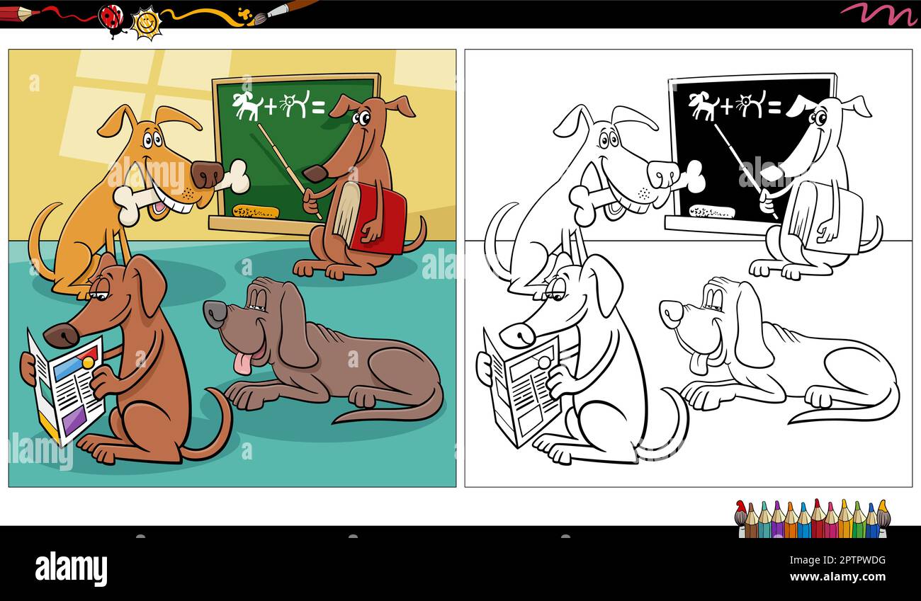 funny comic dogs characters group indoor coloring page Stock Vector ...