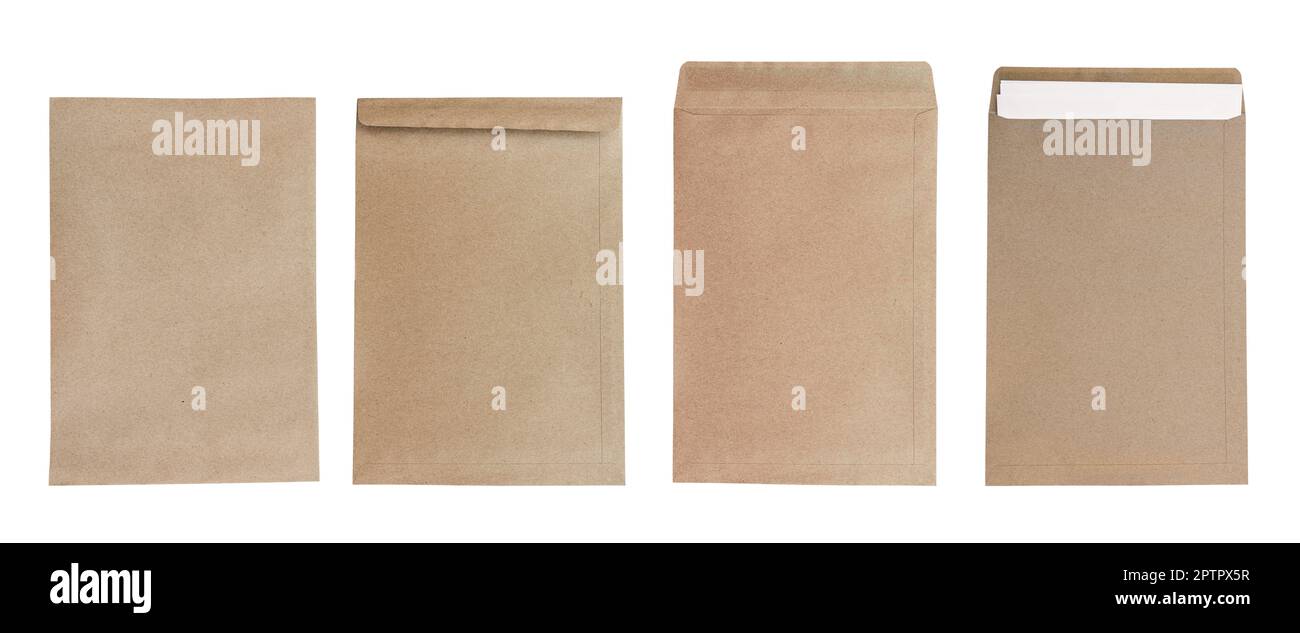 Brown envelope front and back with white paper inside isolated on white background. Object with clipping path Stock Photo