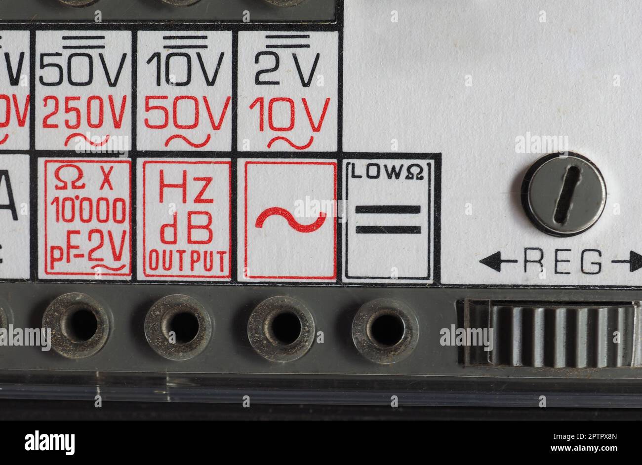 electrical symbols on a vintage analog multimeter measuring instrument ...