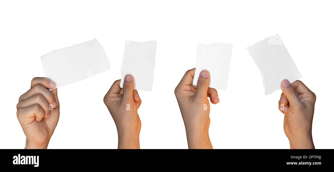Set of Hand holding ripped torn paper isolated on white background with clipping path. Stock Photo