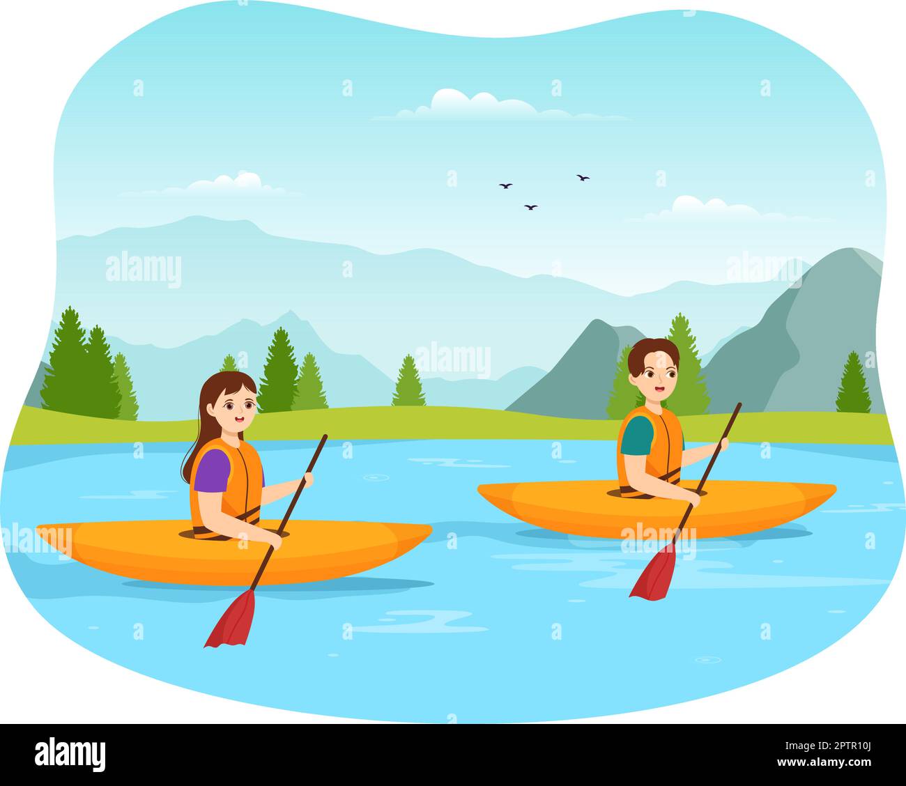 People Enjoying Rowing Illustration with Canoe and Sailing on River or Lake  in Active Water Sports Flat Cartoon Hand Drawn Template Stock Vector