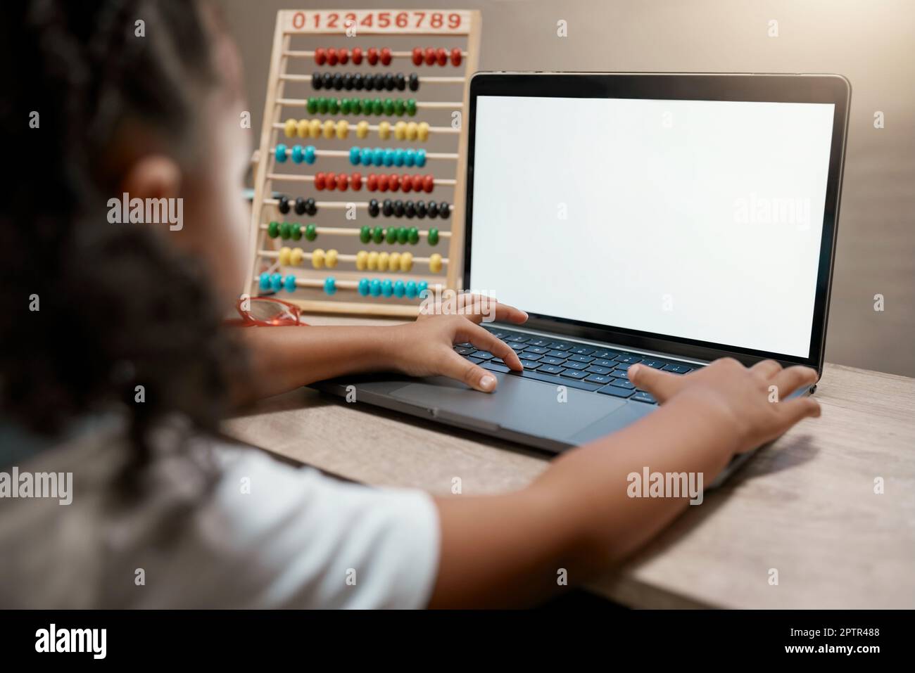 Laptop, elearning and girl in homeschool math class with green screen