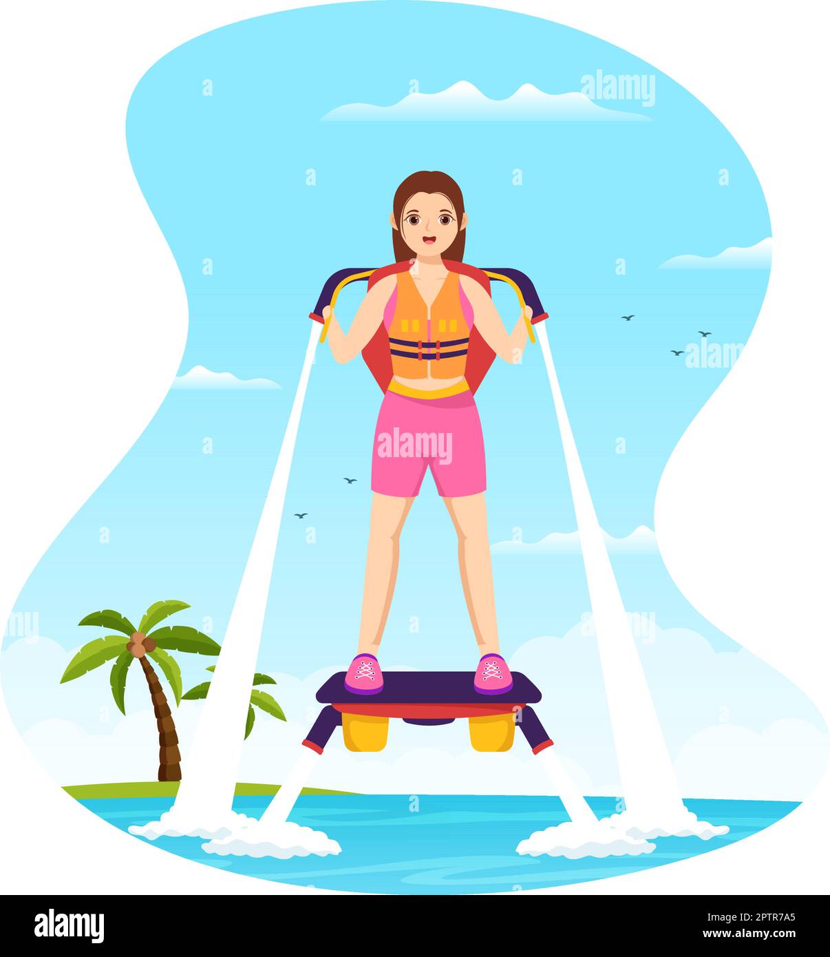 Flyboard Illustration with People Riding Jet Pack in Summer Beach Vacations in Flat Extreme Water Sport Activity Cartoon Hand Drawn Templates Stock Vector