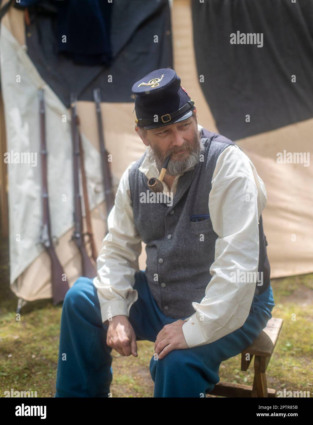 Man in union soldier uniform at a US Civil War reenactment in New Jersey Stock Photo