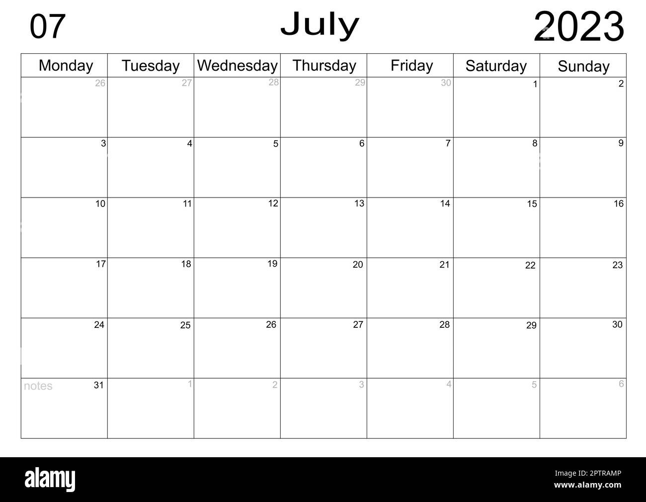 Planner for July 2023. Schedule for month. Monthly calendar. Organizer for June 2022. Business plan. To do list for month. Empty cells of planner. Mon Stock Photo