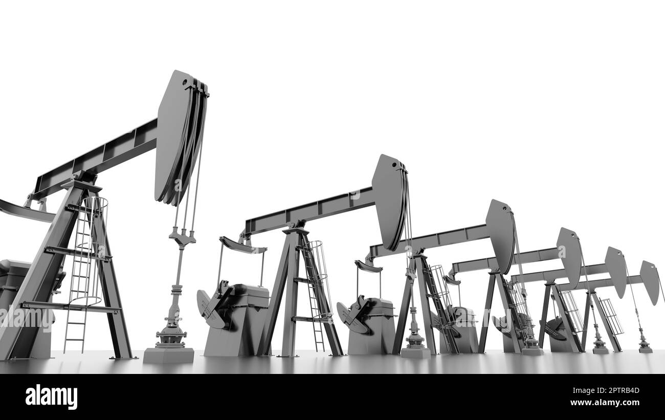 Black oil pumpjacks against white background. Digital 3D render concept Stock Photo Alamy