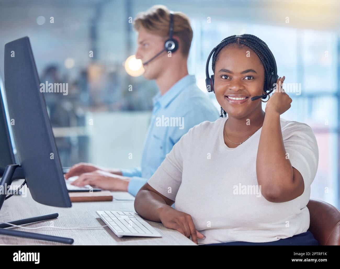Telemarketing, smile and call center worker on phone call communication with customer questions