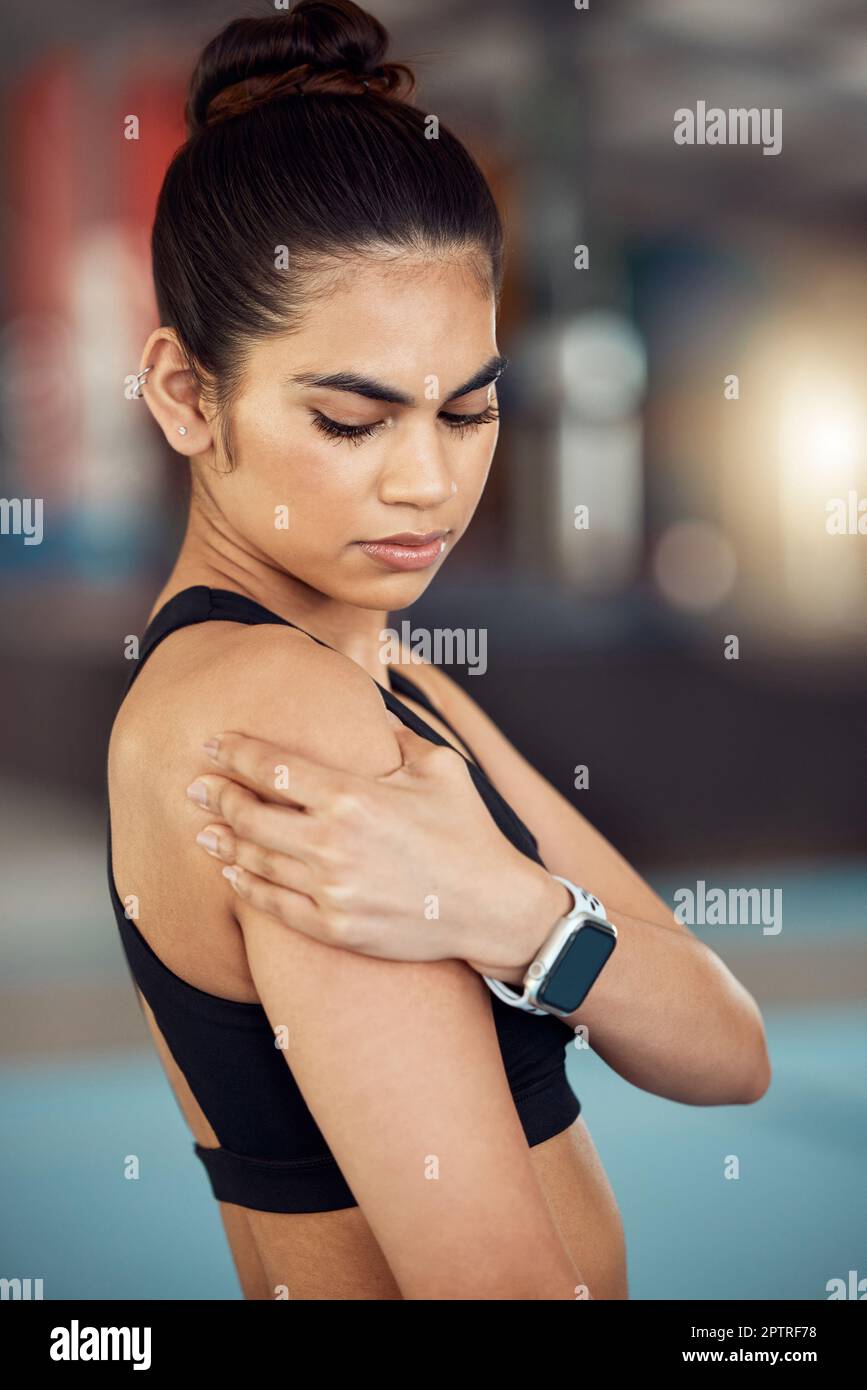 Injury, hurt and shoulder pain for a female athlete holding her painful