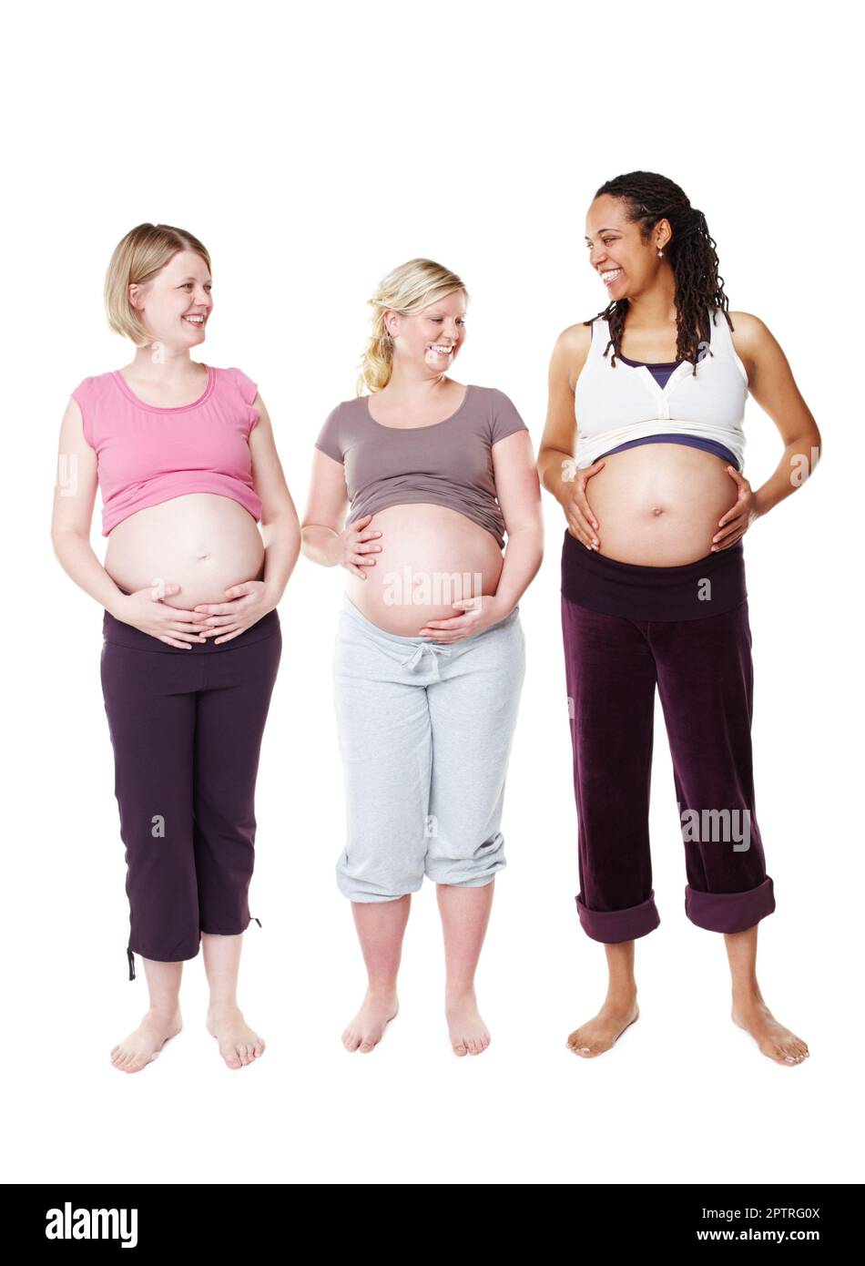 Future mother, girl friend and pregnant support group show pregnancy