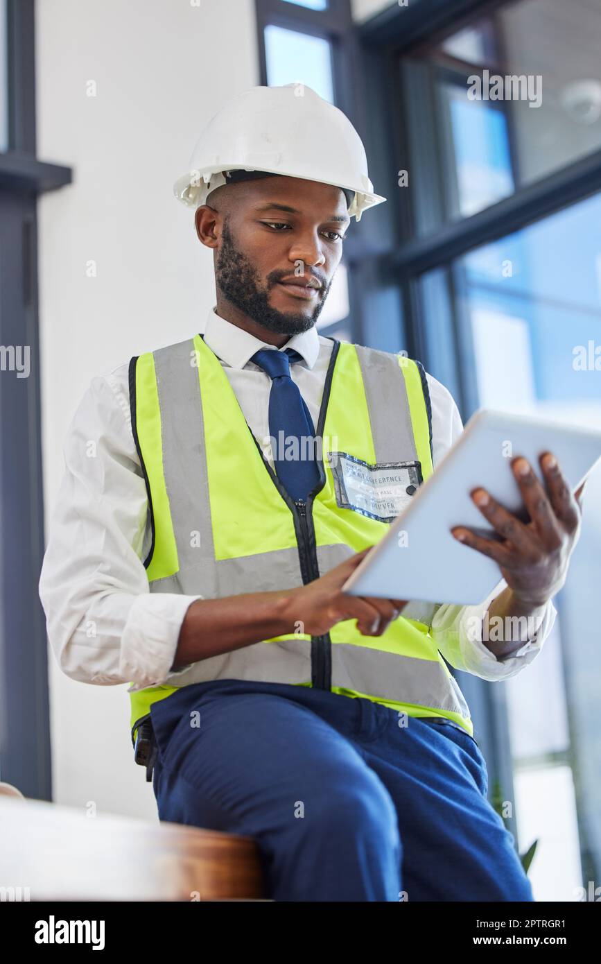 Engineer manager, tablet and black man working on construction strategy