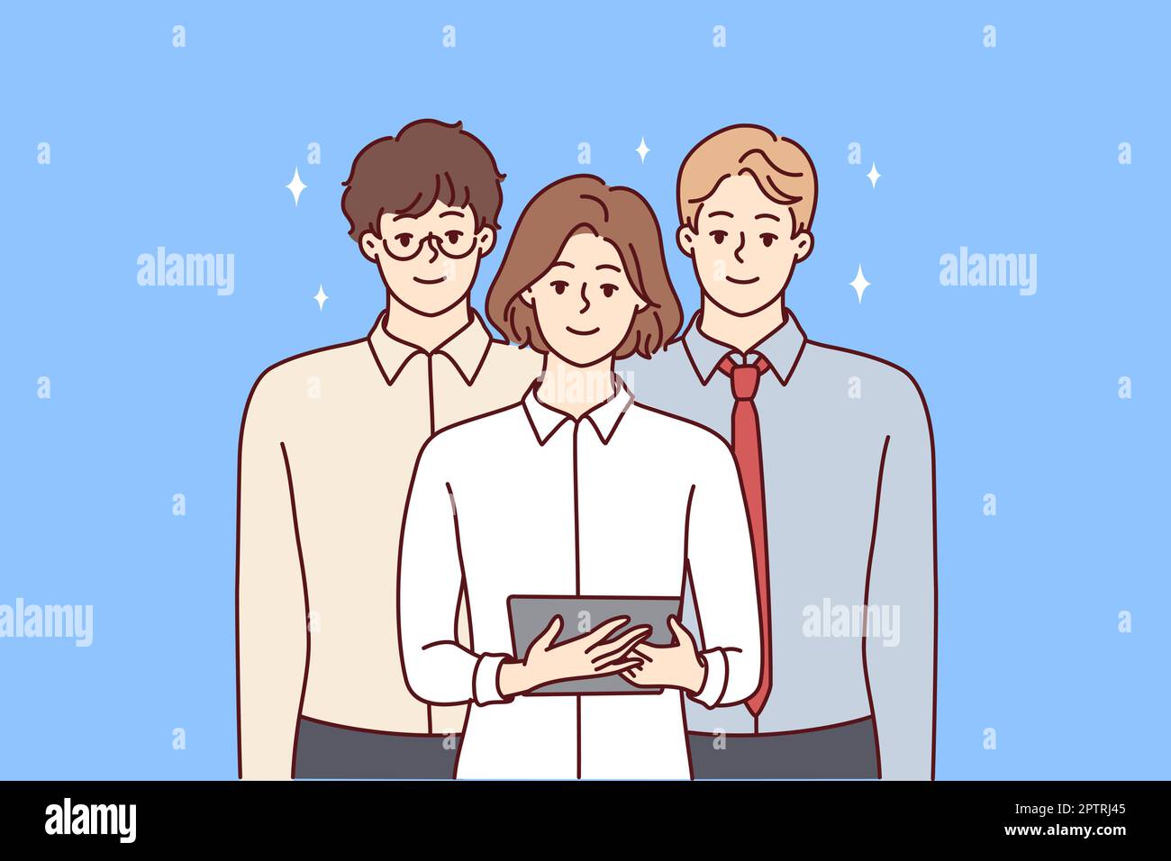 Team young professionals from woman with tablet and two men in business